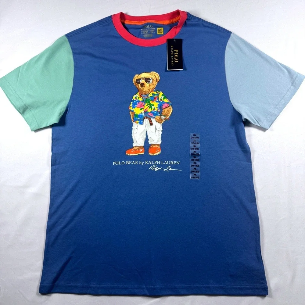 Polo Ralph Lauren Polo Bear T-Shirt Boy XL 18-20 Blue Colorblock Graphic Tee NEW